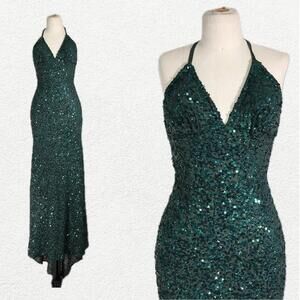 Aleta Sequin Halter Gown in Emerald Green